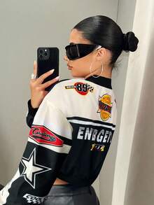 SHEIN ICON Women's Letter Printed Short Baseball Fall Clothes Women Jacket - Black and White - View 2