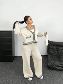 POPSWAY Autumn/Winter New Minimalist Versatile Faux Pocket Cardigan Long Sleeve Top And Pants Knit Suit Set Fall Cloth For Women - Apricot - View 8