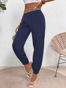 EMERY ROSE Women's Metal Decor Waistband High Waist Slim Pants Fall Cloth For Women - Navy Blue - View 3