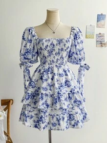 Soleia 女式度假風格方領花卉印花泡泡袖荷葉邊下擺連身裙