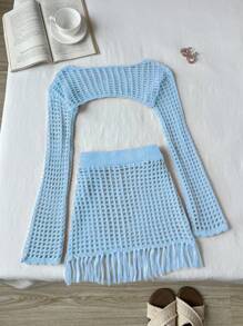 Elamini Women's Vacation Long Sleeve Top And Fringed Hem Knit Skirt 2 Pieces Set - Baby Blue - View 2