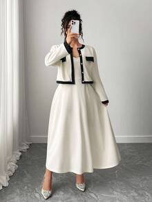 Elenzga Never Out Of Style, Kooky Elegance Collection (Woe Is Me Vibes)(Wednesday Aesthetic) Elegant Midi Slip Dress With Flowy Skirt, Cardigan Short Jacket, 2 Pieces Fashion Set, New Women's Outfit For Autumn/Winter Fall Cloth For Women