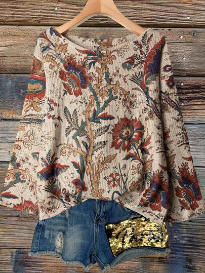 Linhara 1 szt. damski sweter z długim rękawem i odkrytymi ramionami w kwiatowy wzór, odpowiedni na jesień/zimę