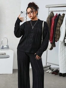SHEIN EZwear 2 件套纯色圆领长袖休闲套头毛衣和裤子，加大码，秋冬两件套女士毛衣套装女士黑色针织套装粗针织毛衣套装 - 黑色 - 查看 6