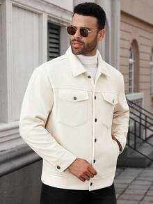 Manfinity CasualCool Plus Size Men's Solid Color Front Button Pocket Casual Long Sleeve Jacket, Fall Winter , Corduroy