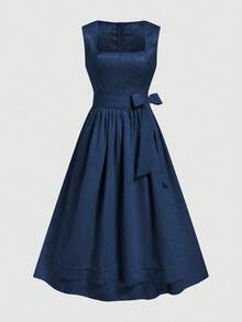 Fairmaia German Traditional Women's Solid Color Square Neck Sleeveless Front Button Dress