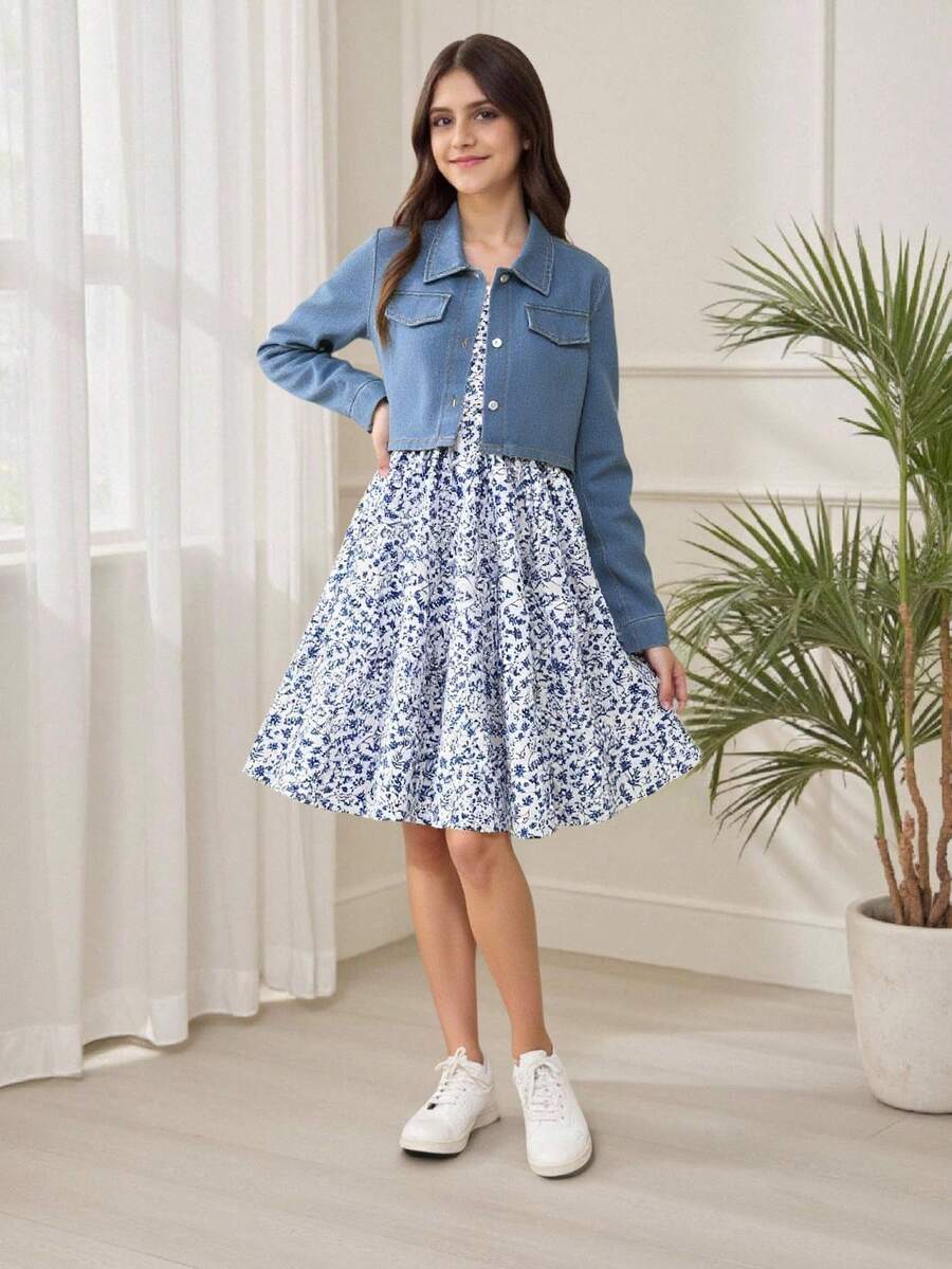 SHEIN 2 件套青少年女童碎花休闲夏装和单排扣长袖夹克套装，适合度假、夏季、旅行