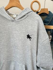 SHEIN 少女灰色休闲运动连帽衫，刺绣口袋，百搭长袖运动衫，适合秋冬季、返校季