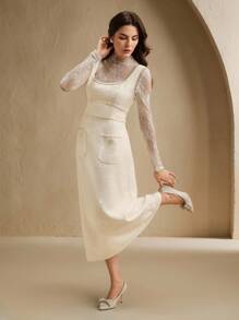 Anewsta Robe mi-longue élégante et chic sans manches avec col orné de sequins, design taille cintrée, en tweed blanc crème, convient pour l'automne/l'hiver - Nude - Voir 1