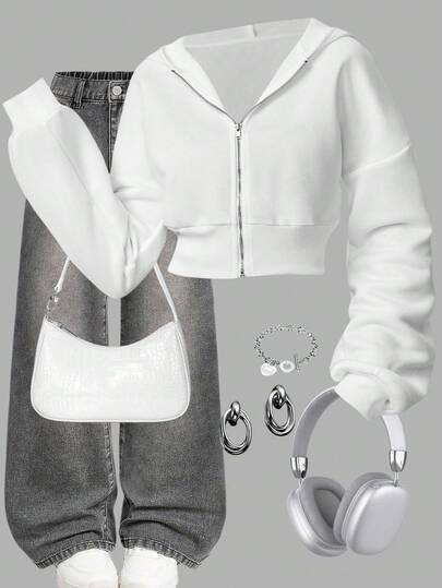 Girlism 少女纯色拉链短款连帽衫，休闲运动风，秋冬开襟连帽卫衣