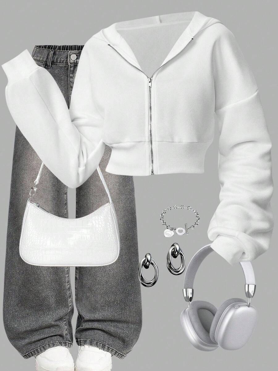 Girlism 少女纯色拉链短款连帽衫，休闲运动风，秋冬开襟连帽卫衣