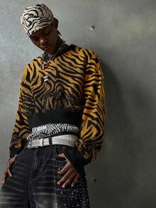 NEON BLANC 男士时尚斑马纹短款毛衣，秋冬款，情侣装，长袖上衣 - 黑色 - 查看 1