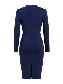 Gownix Vestido de fiesta elegante de unicolor y ajustado de longitud media para mujer - Azul - Ver 2