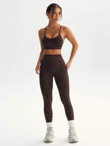 Dewbera 无缝高弹豹纹运动文胸和紧身裤套装女士健身套装 - 棕色 - 查看 7