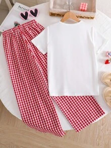 Sparklyn Girls' Casual Cute Plaid Cherry Print T-Shirt - Red - View 2