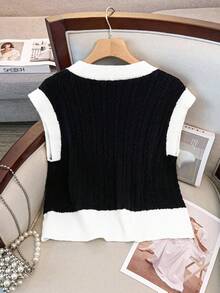 GlowEve CURVE Áo khoác len cardigan cổ chữ V không tay màu tương phản cỡ lớn dành cho nữ, trang phục mặc nhiều lớp thường ngày cho mùa xuân và mùa thu - Đen và trắng - Xem 2