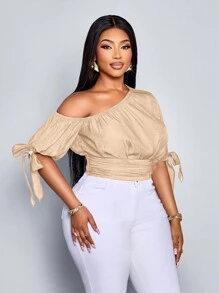 SOLERSUN Plus Size Spring And Summer New Asymmetrical Sleeve Bubble Sleeve Bow Tie Shoulder Pleat Elastic Waist Imitation Denim Fabric Top Elegant Business Casual Sexy Casual Everyday Fashion Women's Clothing Beige - Khaki - View 5