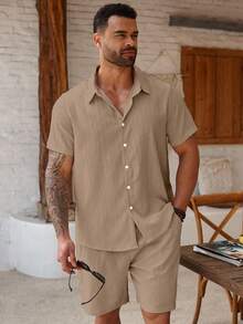 ResortEase Plus Size Men's Casual Textured Solid Color Short Sleeve Shirt And Shorts Set, Summer, Cozy Outfits - Rusty Rose - View 3