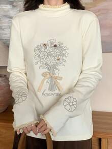 FRIFUL Damska koszulka z nadrukiem w minimalistycznym stylu, z marszczonym kołnierzykiem i długim rękawem, sweter z haftem, z długim rękawem, z kwiatowym nadrukiem i grafiką, sweter typu Cottagecore