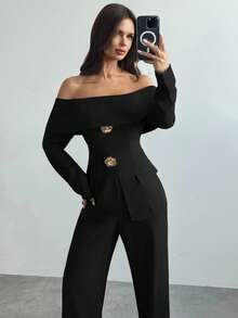 Firerie 2 件套女士优雅露肩长袖上衣和裤子套装，适合秋冬季通勤 - 黑色 - 查看 3