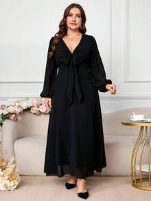Modelyn Plus Size Solid Color Lantern Sleeve Sheer V-Neck Bow Decor Fashion Dress - Black - View 8