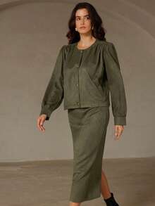 Chiquease 女士秋冬新款仿麂皮垫肩时尚别致宽松泡泡袖圆领直筒长袖夹克和裙子两件套 - 綠色 - 查看 4