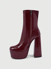 CUCCOO SZL Wine Red Square Toe Chunky Heel Waterproof Platform Elastic Minimalist Formal Side Zipper Ankle Boots & Short Boots For Women For Christmas - Burgundy - View 5