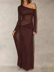 SHEIN BAE Elegant Dark Brown Oblique Shoulder Semi-Sheer Long Sleeve Extra Long Dress For Women,Autumn Night Out,Cocktail Parties,Formal Evening Wear,Valentine - Brown - View 3