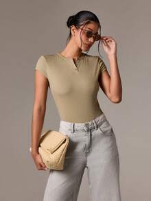 AiiRZ Ribbed Henley Bodysuit Form Fitting Short Sleeve Button Front Essential Basic Summer Spring Casual Everyday Wear Stretchy Comfort Classic