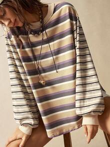 Bohemela Casual Striped Patchwork Design Loose Fit Crew Neck Long Sleeve Sweatshirt For Women In Fall/Winter