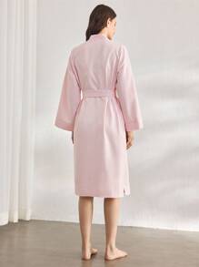 Ocili 休闲女士舒适棉质编织条纹系带长袍，家居服，秋季 - 粉色 - 查看 3