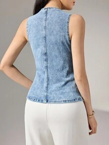 Heiryn Women's Casual Washed Button Front Sleeveless Denim Shirt - Medium Wash - View 2