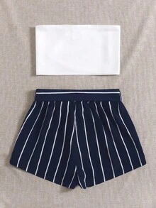 Soleia Bộ thời trang Thắt lưng Thắt nơ trước Sọc Boho - Màu xanh hải quân - Xem 2