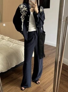 DAZY Women's Casual Lace Decor Shirt And Wide Leg Pants 2 Pieces Set, Autumn Lounge Sets For Women - Navy Blue - View 3