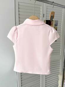 SHEIN Tween Girl Solid Color Short Sleeve Cardigan Shirt Baby Pink Summer Cute School Back-To-School,Girls Fitted Collared Button Down Blouse Ruffle Tops - Baby Pink - View 2