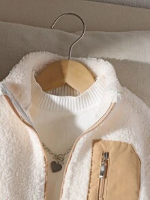 SHEIN Young Girl Contrast Color Zipper Front Casual Fleece Jacket, Autumn/Winter Fall - White - View 7
