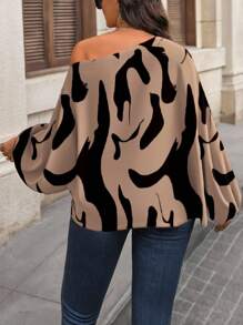 EMERY ROSE 大码女式休闲优雅全身印花不对称领蝙蝠袖宽松衬衫 - 彩色 - 查看 2