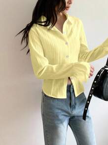 少女法式收腰设计长袖喇叭袖荷叶边下摆休闲衬衫，适合夏季日常时尚穿着，秋冬季皆宜。 - 黃色 - 查看 3