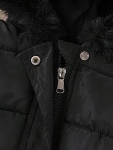 SHEIN 男童加厚羽绒服，带帽毛领，保暖冬季外套，休闲户外秋季款 - 黑色 - 查看 5