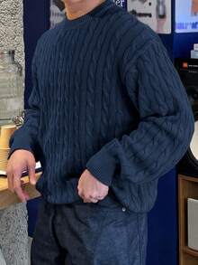 DAZY Navy Blue Cable Cable Knit Sweater For Men, Autumn/Winter - Royal Blue - View 3