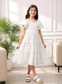 Vestido De Manga Corta Acampanado De Color Liso Para Niñas Preadolescentes - Albaricoque - Ver 7
