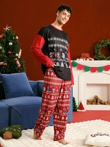 ELF X SHEIN Men's Christmas Themed Colorblock Long Sleeve Top And Pants Loungewear Set