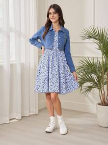 SHEIN 2 件套青少年女童碎花休闲夏装和单排扣长袖夹克套装，适合度假、夏季、旅行