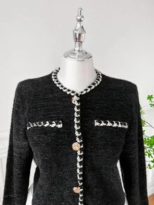 SHEIN EZwear 大码优雅通勤开衫，带丝带装饰 - 黑色 - 查看 6