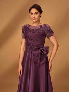 Serin 优雅奢华浪漫网眼拼布缎面褶饰奢华串珠贴花短袖蝴蝶结 A 字下摆连衣裙，适合晚会、约会、度假、舞会、婚礼、新娘母亲礼服 - 紫色 - 查看 6