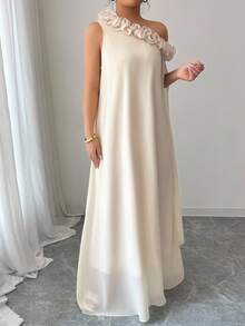 Elenzga 优雅女士荷叶边无袖连衣裙 - 杏色 - 查看 5