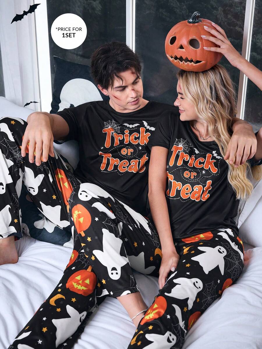 CoupledUp 男士卡通针织印花万圣节南瓜、蝙蝠、鬼魂短袖 T 恤和裤子休闲睡衣套装 - 黑色 - 查看 1