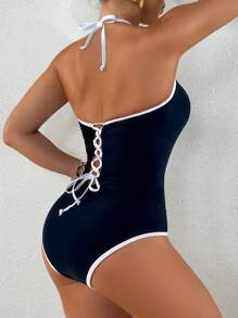 Shapewave 1pc Women's Halter Hollow Floral Petal One-Piece Swimsuit - Black and White - View 7