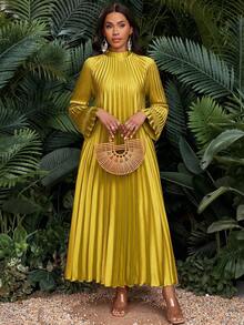 SHEIN Lady 秋冬优雅派对婚礼酒会波西米亚海滩金色立领编织荷叶边A字裙长款大码连衣裙黄色夏装女黄色度假连衣裙 - 黃色 - 查看 6
