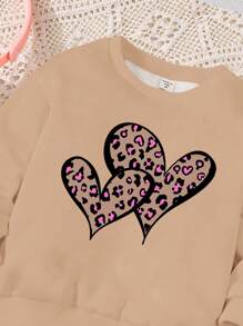 SHEIN 年轻女孩豹纹心形图案休闲圆领长袖运动衫和紧身裤两件套，适合秋冬季 - 彩色 - 查看 4